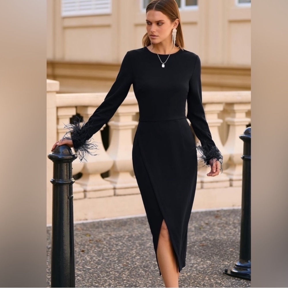 NWT- PRETTYGARDEN Feather Long Sleeve Formal Bodycon- Wrap Slit Cocktail Dress
